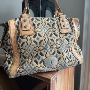 Fossil Marlow Patterned Multicoloured Satchel Handbag- Fabric with Leather Trims